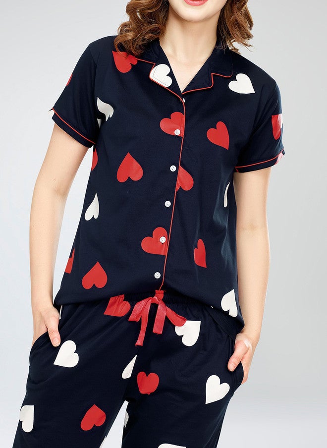 Zeyo Printed Pure Cotton Night Suit with Lapel Collar and Drawstring Pyjamas - Image 2