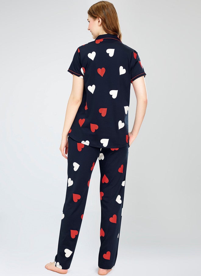 Zeyo Printed Pure Cotton Night Suit with Lapel Collar and Drawstring Pyjamas - Image 4