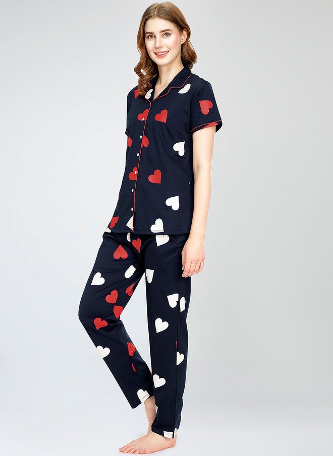 Zeyo Printed Pure Cotton Night Suit with Lapel Collar and Drawstring Pyjamas - Image 3