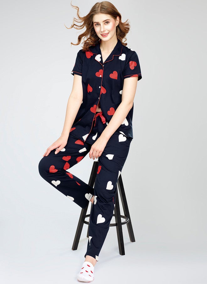 Zeyo Printed Pure Cotton Night Suit with Lapel Collar and Drawstring Pyjamas - Image 1