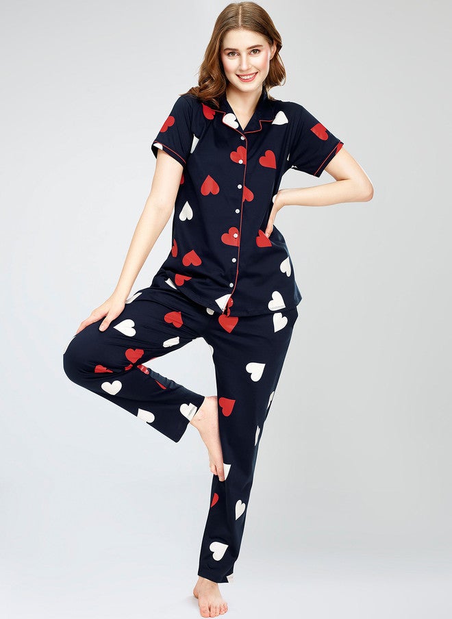 Zeyo Printed Pure Cotton Night Suit with Lapel Collar and Drawstring Pyjamas - Image 5