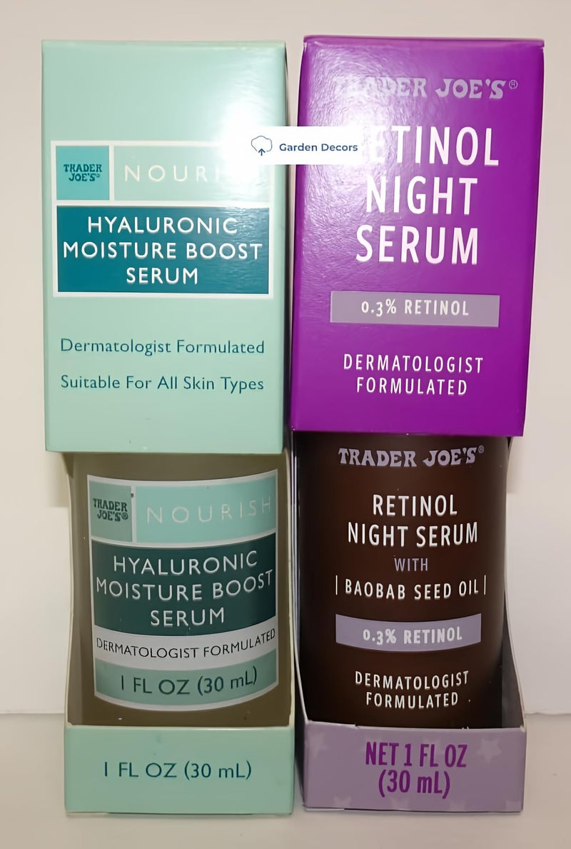 Trader Joeâ€™s Nourish Hyaluronic Moisture Boost Serum & Retinol Night Serum with Baobab Seed Oil 1fl oz 30ml (Two Bottles)