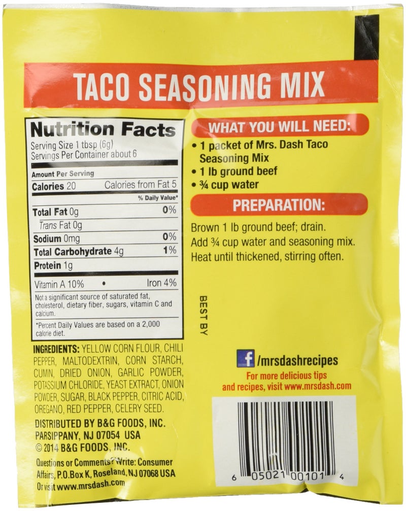 Mrs Dash Salt Free Taco Seasoning Mix (1.25 oz Packets) 4 Pack - Image 2