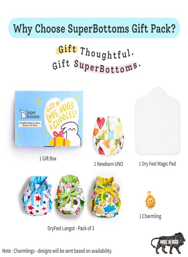 SuperBottoms Newborn Baby Diapering Essentials Gift Pack-1 Newborn UNO Reusable, Stay Dry, Leak proof Cloth Diaper + 1 Organic Cotton Insert Pad, 3 Dry Feel Langots & 1 Charmling, Fits 0-3m (6 items) - Image 2