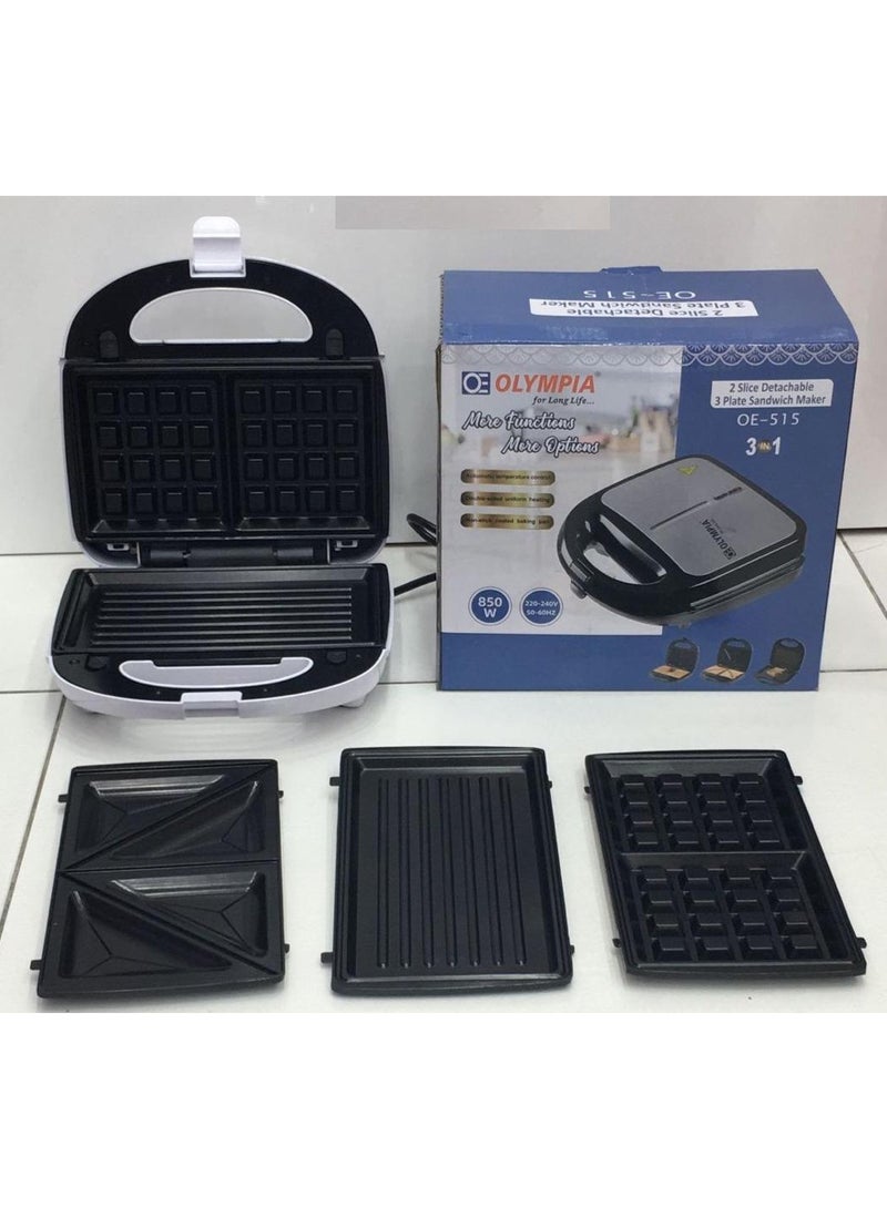 Olympia 3-in-1 Sandwich Maker, Waffle Maker & Grill Plate Machine, 850W Powerful Heating, Detachable Non-Stick Plates, Compact Electric Snack Maker