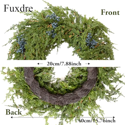 Fuxdre 16" Spring Wreaths for Front Door, Artificial Greenery Wreath with Blueberry, Green Norfolk Pine and Cedar for Wall, Porch, or Indoor Outdoor Decor, Real Touch Cedar Foliage - Image 2