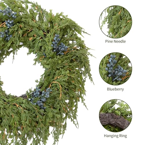 Fuxdre 16" Spring Wreaths for Front Door, Artificial Greenery Wreath with Blueberry, Green Norfolk Pine and Cedar for Wall, Porch, or Indoor Outdoor Decor, Real Touch Cedar Foliage - Image 4