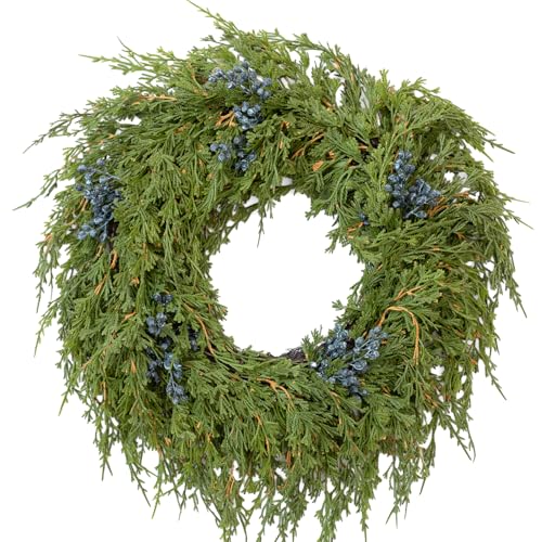Fuxdre 16" Spring Wreaths for Front Door, Artificial Greenery Wreath with Blueberry, Green Norfolk Pine and Cedar for Wall, Porch, or Indoor Outdoor Decor, Real Touch Cedar Foliage - Image 1