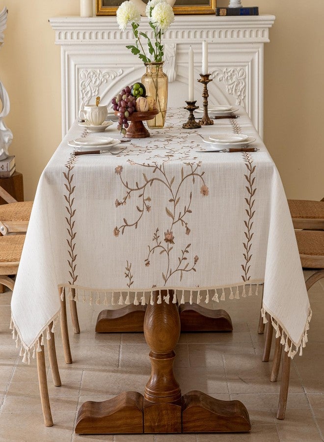 Joyfol Day Linen Waterproof Tablecloth with Tassels, Rustic Farmhouse Flowers Embroidery Table Cloths for Rectangle Tables, Heavy Weight Spill-Proof Table Covers, Coffee Florals, 55''x 86'' - Image 2