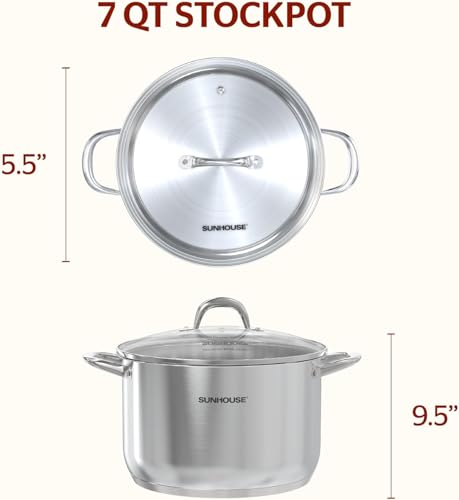 Sunhouse Stock Pot with Lid 7 QT Large Pot for Cooking Pasta Soup Spaghetti Impact Bonding Base Big Stainless Steel Pots for Canning Boiling Oven Safe Induction Compatible Cookware - Image 3