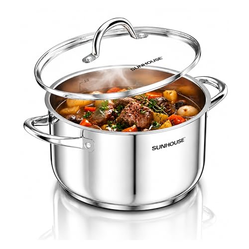 Sunhouse Stock Pot with Lid 7 QT Large Pot for Cooking Pasta Soup Spaghetti Impact Bonding Base Big Stainless Steel Pots for Canning Boiling Oven Safe Induction Compatible Cookware - Image 1