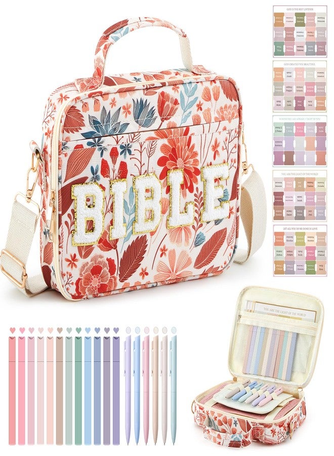 Sinload 10.2 x 7.9 x 2.2 Inch Chenille Letter Bible Cover for Women with Boho Bible Tabs 6 Colored Gel Pen 12 Highlighters Bible Case with Shoulder Strap for Study Bible Tote Bag Christian Gifts - Image 1