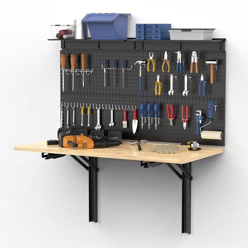 Ultrawall Wall Mounted Workbench with Pegboard Folding Down Work Table Metal Pegboard Wall Organizer for Garage Workshop 48X24