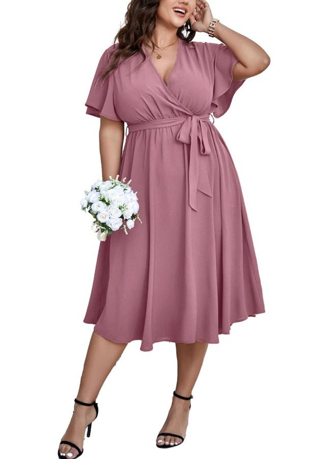 SCOMCHIC Womens Plus Size Wedding Guest Cocktail Midi Dress Summer Short Sleeve Wrap V Neck Belted A-Line Flowy Dress, Pink, XXL Plus - Image 1