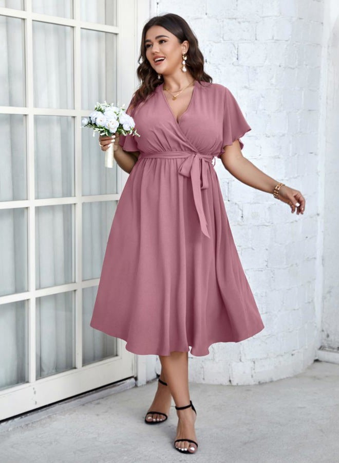 SCOMCHIC Womens Plus Size Wedding Guest Cocktail Midi Dress Summer Short Sleeve Wrap V Neck Belted A-Line Flowy Dress, Pink, XXL Plus - Image 2