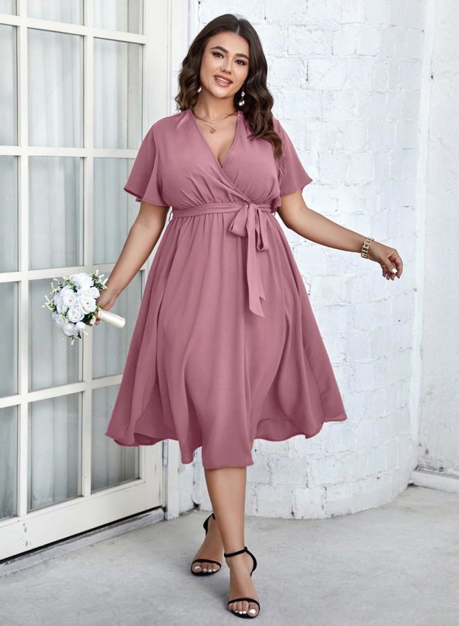 SCOMCHIC Womens Plus Size Wedding Guest Cocktail Midi Dress Summer Short Sleeve Wrap V Neck Belted A-Line Flowy Dress, Pink, XXL Plus - Image 5