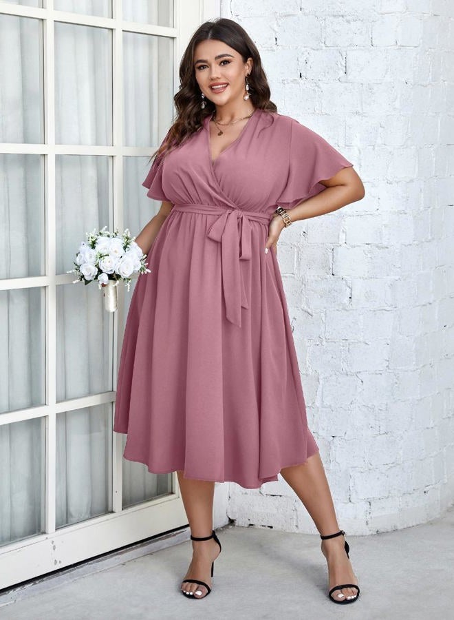 SCOMCHIC Womens Plus Size Wedding Guest Cocktail Midi Dress Summer Short Sleeve Wrap V Neck Belted A-Line Flowy Dress, Pink, XXL Plus - Image 3