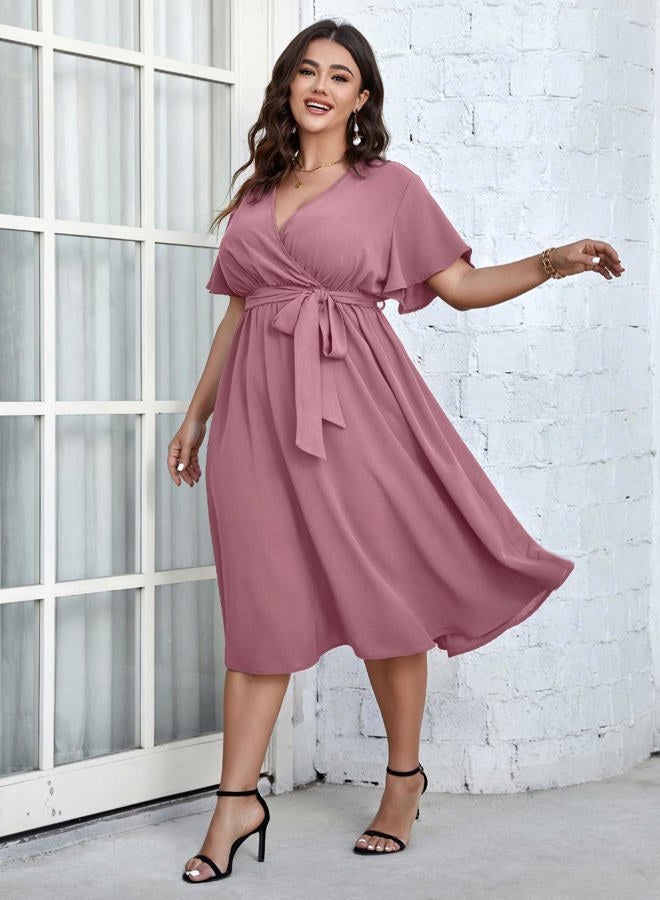 SCOMCHIC Womens Plus Size Wedding Guest Cocktail Midi Dress Summer Short Sleeve Wrap V Neck Belted A-Line Flowy Dress, Pink, XXL Plus - Image 4