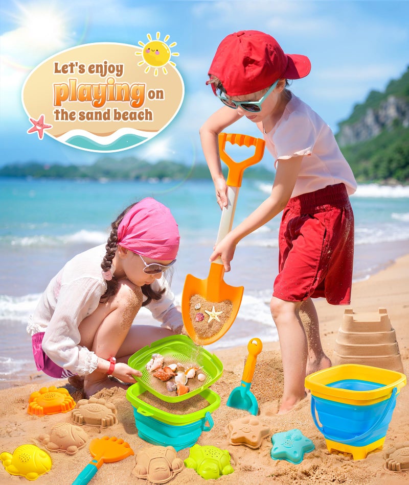 DUDUCOFU Collapsible Beach Sand Toys for Kids Toddlers, Collapsible Sand Bucket with Sifter Shovels Set with Mesh Bag and Sand Molds, Travel Beach Sandbox Toys for Boys Girls 3 4 5 6 7 8 9 10 - Image 2