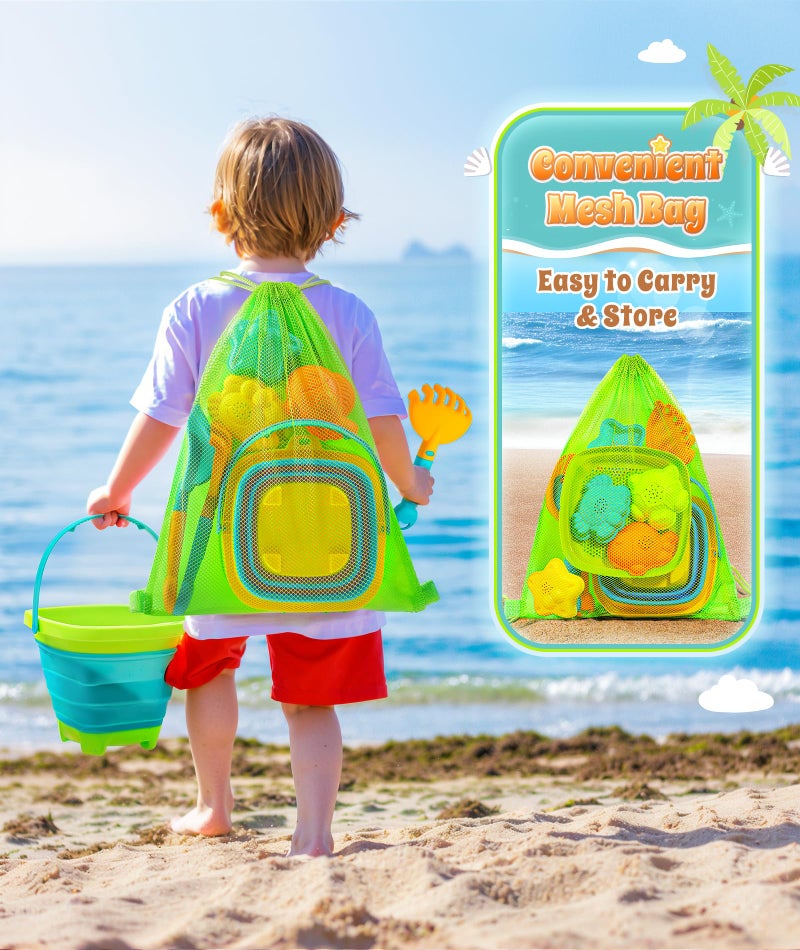 DUDUCOFU Collapsible Beach Sand Toys for Kids Toddlers, Collapsible Sand Bucket with Sifter Shovels Set with Mesh Bag and Sand Molds, Travel Beach Sandbox Toys for Boys Girls 3 4 5 6 7 8 9 10 - Image 3