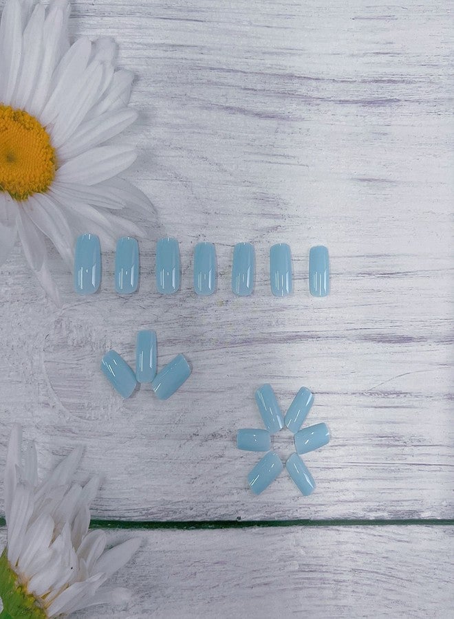 XCREANDO Sky Blue Press on Nails Medium Square Glue on, Short Acrylic Glue on Medium Coffin False Nails for Women, Thick Solid Color Gel 24Pcs - Image 3