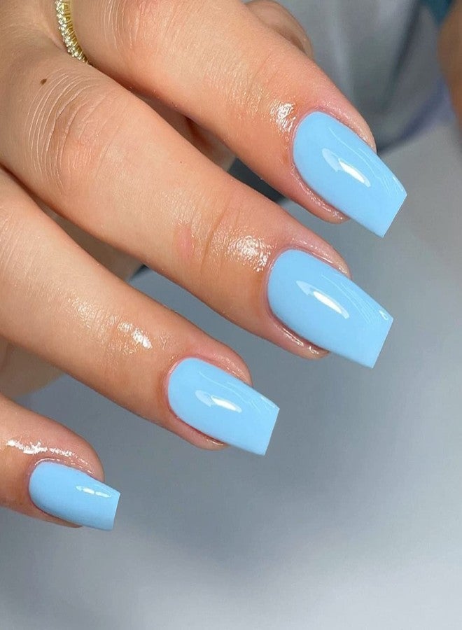 XCREANDO Sky Blue Press on Nails Medium Square Glue on, Short Acrylic Glue on Medium Coffin False Nails for Women, Thick Solid Color Gel 24Pcs - Image 2