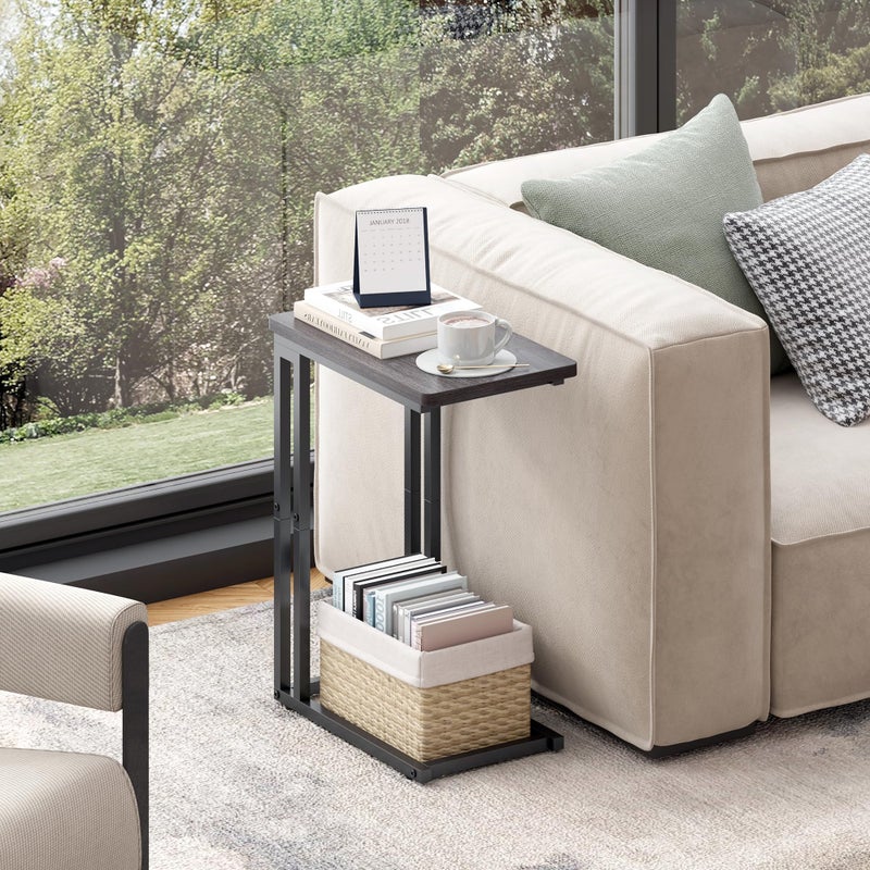 Yusong C Shaped End Table - Slide Under Sofa Couch Bed, Small Table for Small Spaces, Skinny Overbed, Coffee Drink Snack Table for Living Room, Grey Oak - Image 4