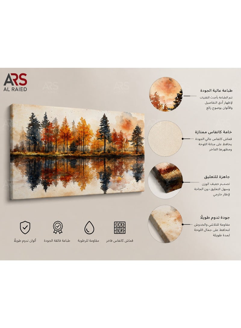 اي ار اس لوحة جدارية قماشية من ARS تصور انعكاس غابة الخريف على البحيرة - لوحة ألوان مائية لأشجار المناظر الطبيعية، مطبوعة على قماش مشدود، ديكور جداري لغرفة المعيشة وغرفة النوم والمكتب - Image 3