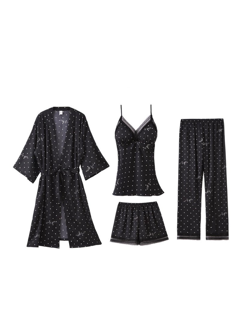 Spring And Summer Feminine Ice Silk Pajamas Four-Piece Set With Suspenders And Long Sleeves
