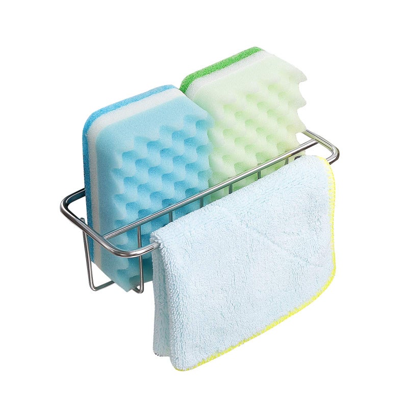 KESOL Adhesive Kitchen Sink Sponge Holder Dish Cloth Hanger Soap Holder 2in1 Kitchen Sink Caddy 304 Stainless Steel Rust Proof Water Proof No Drilling Silver