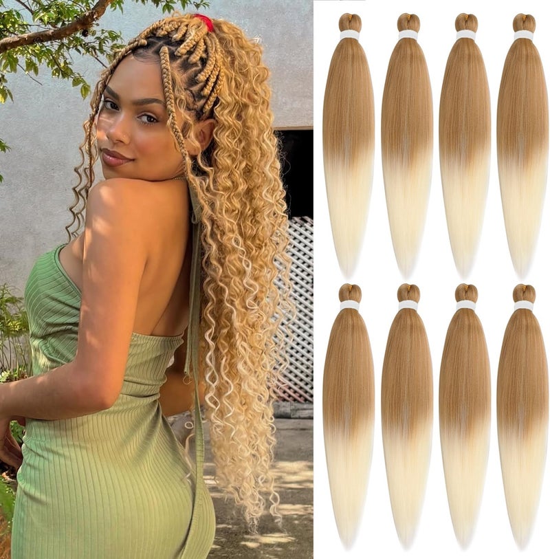 Leeven 30 Inch 8 Packs Ombre Pre Stretched Braiding Hair Two Tone Yaki Texture Prestretched Crochet Braids Hair Professional Synthetic Hair Extension Itch Free Hot Water Setting (27/613#) - Image 1