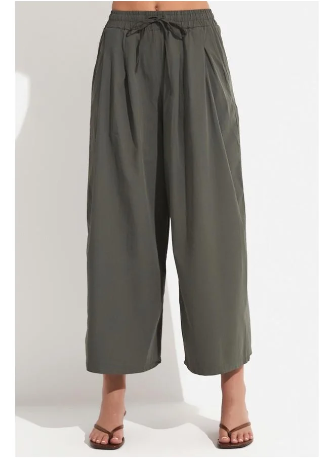 جون June Elastic Waist Wide Leg Trouser Khaki