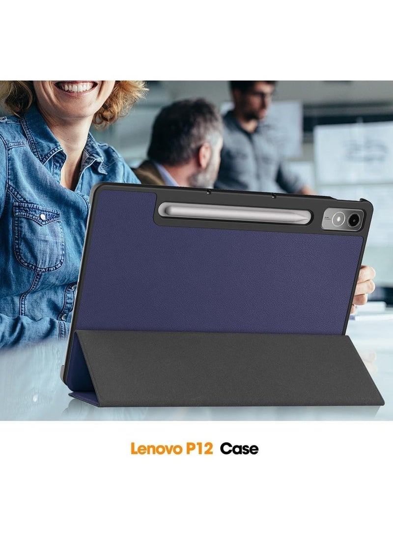جراب متوافق مع Lenovo Tab P12 (12.7 بوصة) 2023 (TB370FU/TB371FU) مع وظيفة الحامل، غطاء ذكي مع خاصية السكون والاستيقاظ التلقائي، جراب واقٍ من مادة TPU المضادة للخدش - أزرق - Image 2