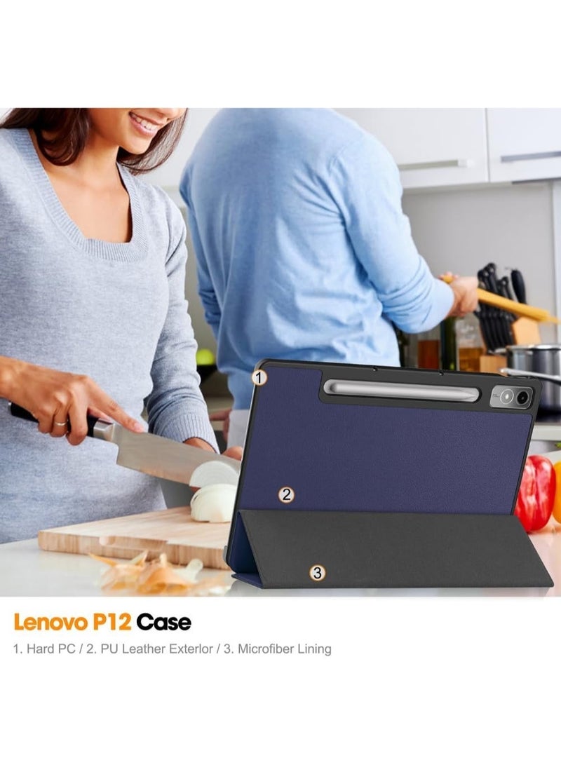 جراب متوافق مع Lenovo Tab P12 (12.7 بوصة) 2023 (TB370FU/TB371FU) مع وظيفة الحامل، غطاء ذكي مع خاصية السكون والاستيقاظ التلقائي، جراب واقٍ من مادة TPU المضادة للخدش - أزرق - Image 3