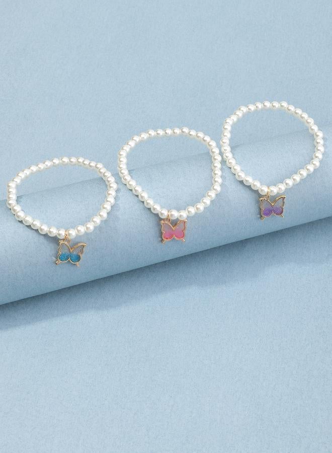 Take Two Pack of 3 - Girls Pearl Beaded Bracelets with Butterfly Charm - Image 2