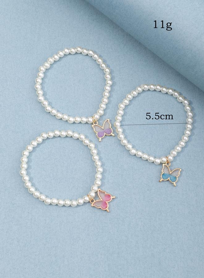Take Two Pack of 3 - Girls Pearl Beaded Bracelets with Butterfly Charm - Image 4