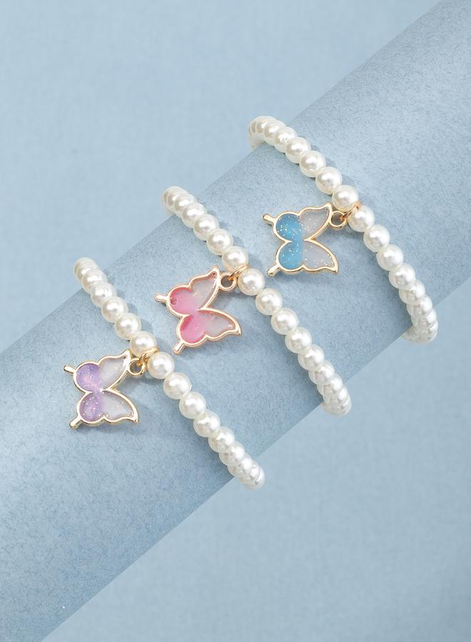 Take Two Pack of 3 - Girls Pearl Beaded Bracelets with Butterfly Charm - Image 1