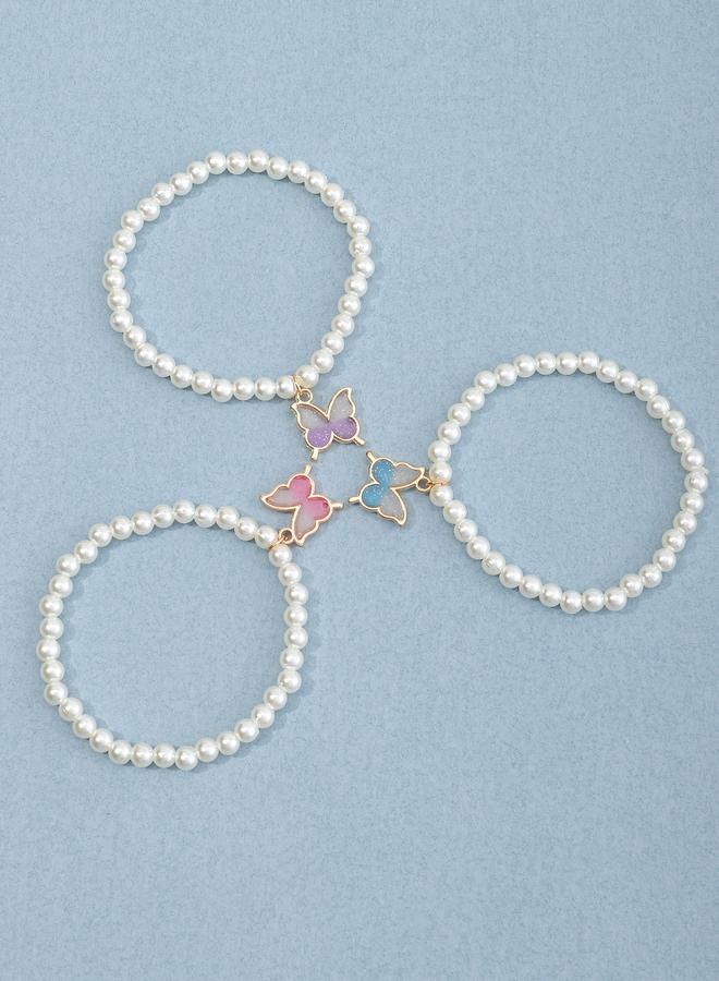 Take Two Pack of 3 - Girls Pearl Beaded Bracelets with Butterfly Charm - Image 3