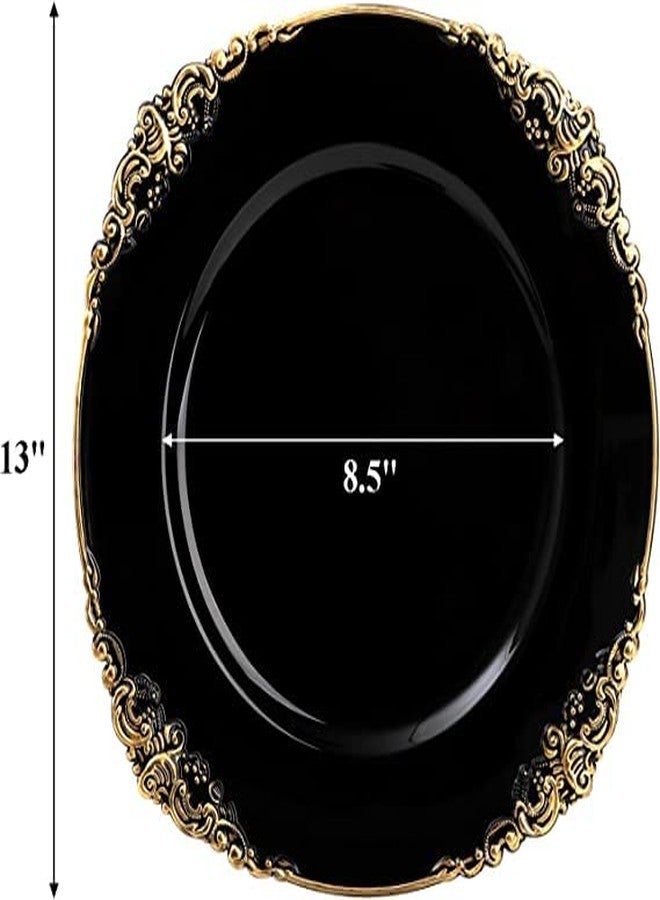 Okllen 12 Pack Black Charger Plates with Floral Trim, 13" Plastic Vintage Black Chargers for Dinner Plates for Catering, Wedding, Tabletop Setting - Image 2
