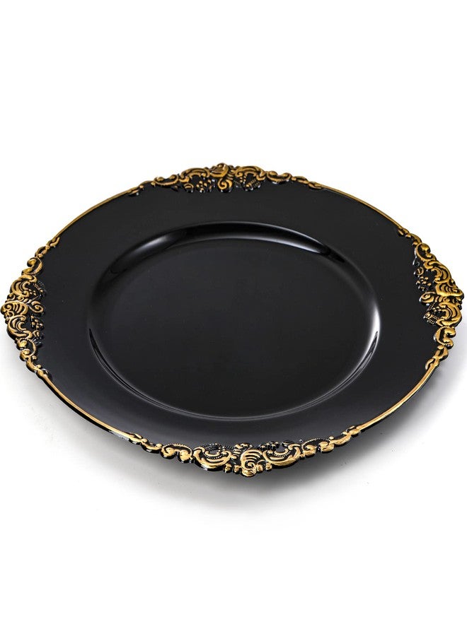 Okllen 12 Pack Black Charger Plates with Floral Trim, 13" Plastic Vintage Black Chargers for Dinner Plates for Catering, Wedding, Tabletop Setting - Image 3