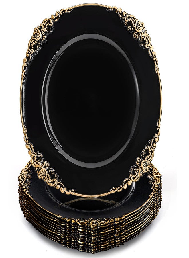Okllen 12 Pack Black Charger Plates with Floral Trim, 13" Plastic Vintage Black Chargers for Dinner Plates for Catering, Wedding, Tabletop Setting - Image 1