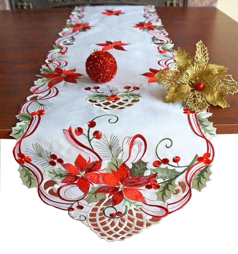 Holiday Christmas Table Runner 13x34 Cutwork Embroidered Floral Christmas Flower Dresser Sacrf Table Topper for Home Dining Xmas Table Top Decoration