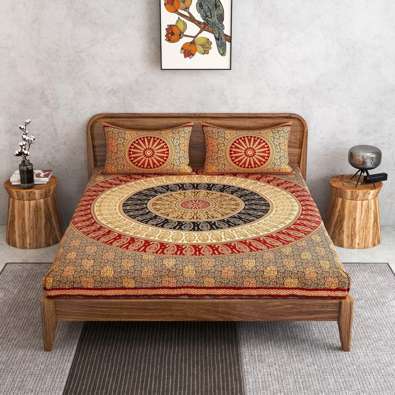Furnofy 100% Cotton Traditional Jaipuri Print King Size Bedsheet (90x108 Inches) with 2 Matching Pillow Covers – Flat, Maroon - Image 1