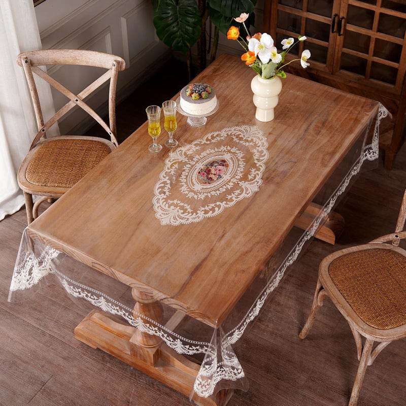 Artbloss Waterproof Clear Table Cover Protector, Vinyl Rectangle Table Cloth with Lace Pattern Oil Spill Proof Wipe Clean Plastic Tablecloths for Dining Tables (French Lace, 52 x 70 Inches) - Image 2