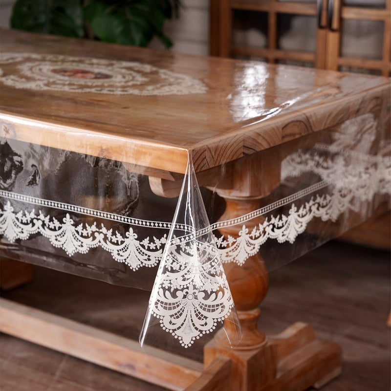 Artbloss Waterproof Clear Table Cover Protector, Vinyl Rectangle Table Cloth with Lace Pattern Oil Spill Proof Wipe Clean Plastic Tablecloths for Dining Tables (French Lace, 52 x 70 Inches) - Image 4