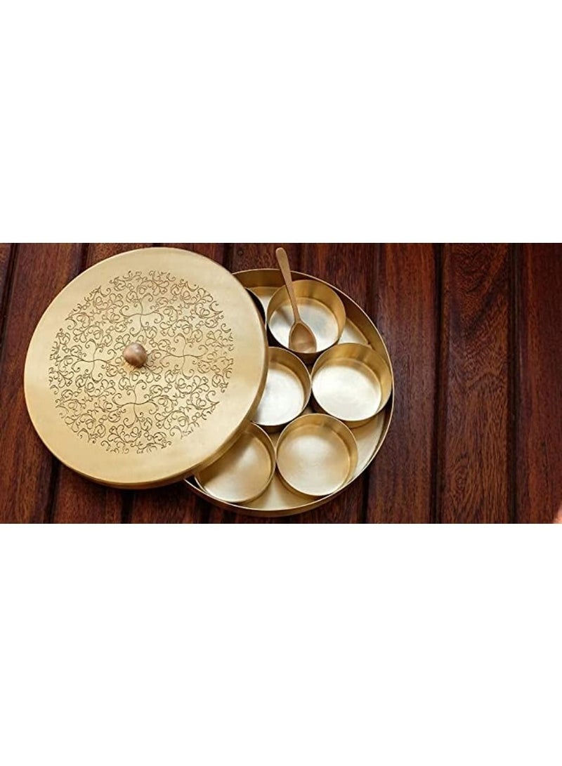 QUESERA Floral Etched Handcrafted Brass Spice Box Set for Kitchen with Spoon - Image 1
