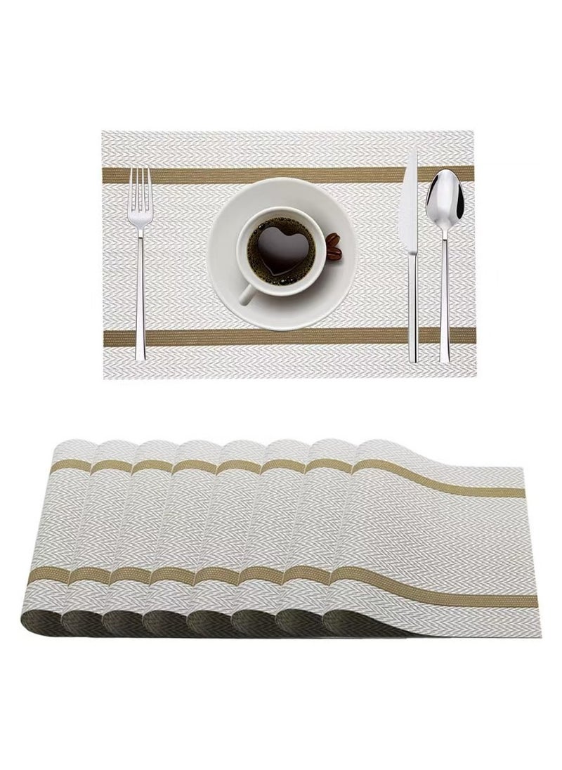 DELGREEN White Placemats Set of 6 - Washable Easy Clean Vinyl Placemats - Heat Resistant PVC Place Mats - Table Mats for Dining Table (White Gold Arrow Pattern)  - Image 1