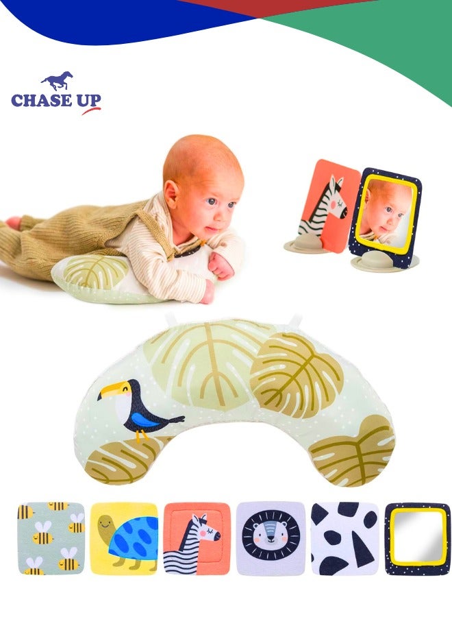 Chase Up Tummy Time Set with Ergonomic Cushion, Double-Sided High Contrast Flash Cards & Mirror Card, Developmental Baby Play Mat Accessories & Card Stands for Newborn Infant Tummy Time - Image 1