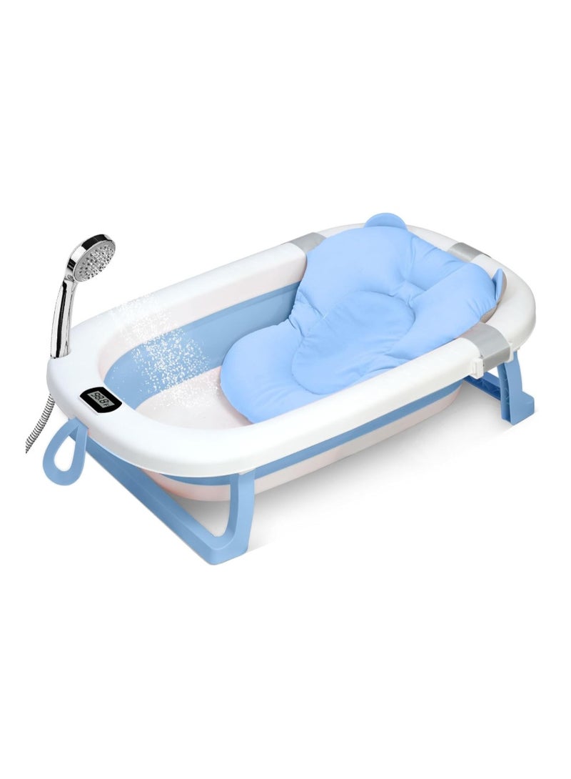 SKY-TOUCH Baby Foldable Bathing Tubs with Soft Bathmat Cushion & Thermometer, NewBorn Babybath Tub with Drain Hole, Non-Slip Support Leg for 0-6 Years Boy Girl - Image 1