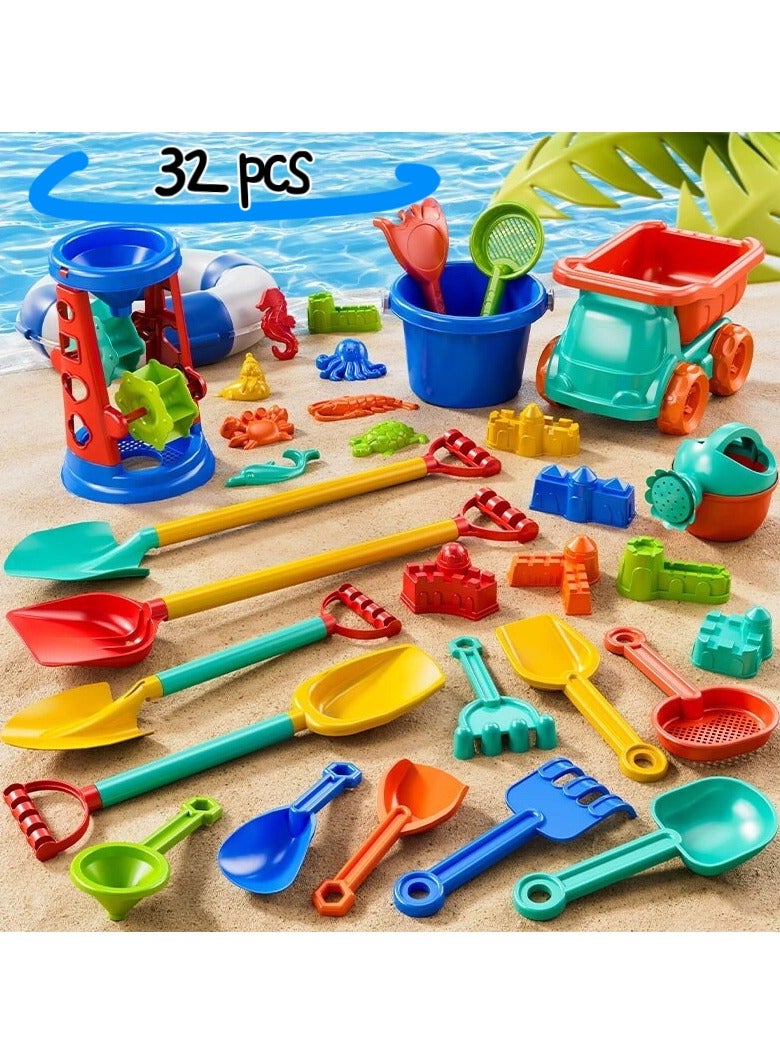 32 Piece Sand Castle Building Beach Toys For Outdoor Play,Including Watering Can, Rake, Shovel Sand Molds,Travel Sand Toys, Sandbox Toys for Toddlers Kids Boys Baby